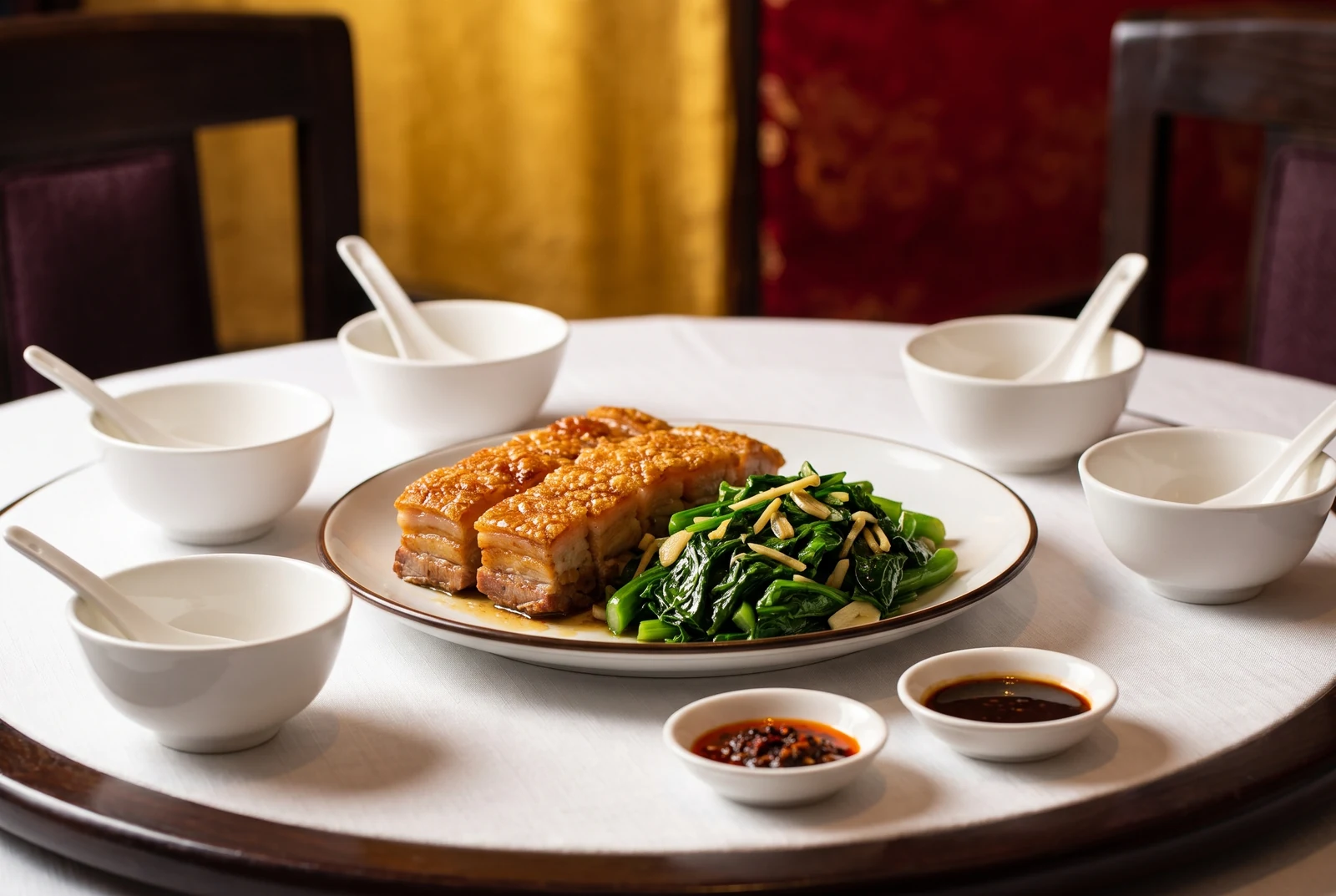 Crispy pork belly and vegetables surrounded by individual white bowls