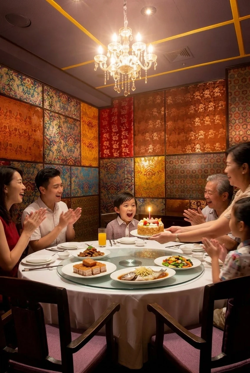 Family sharing a meal in a patterned private dining room
