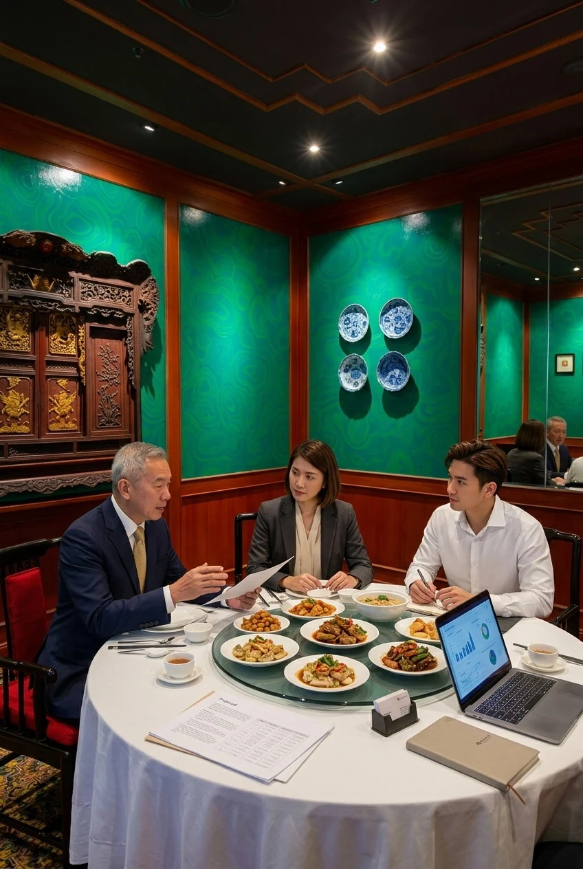 Colleagues dining around a table against deep green walls