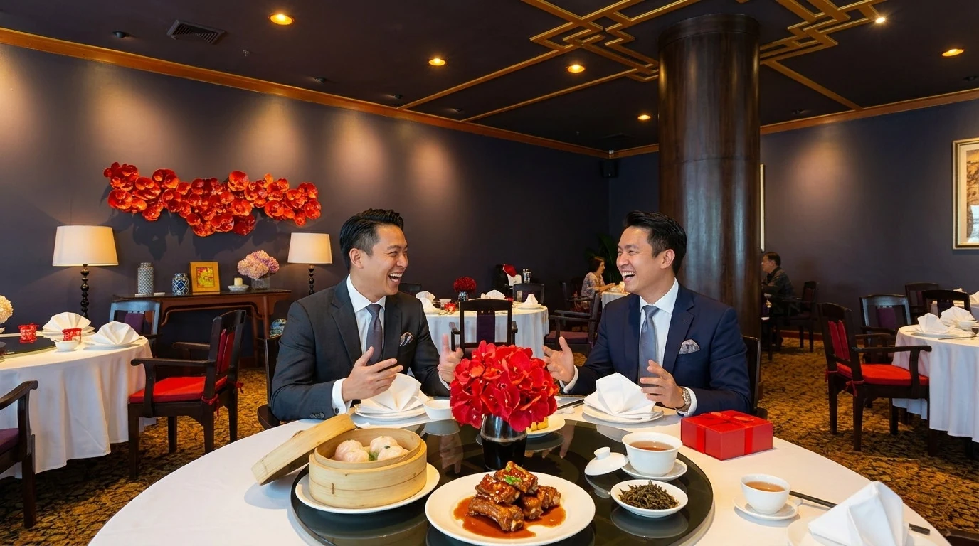 Two business diners seated at a white-linen restaurant table