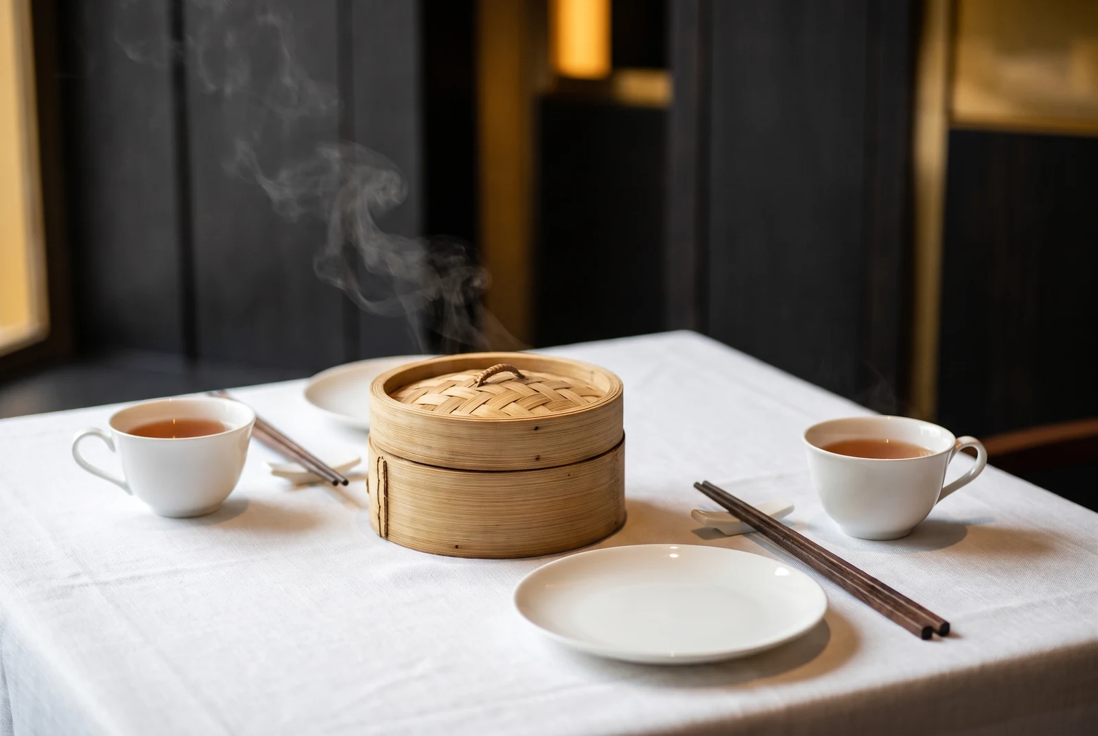 Bamboo steamer, teacups and an empty side plate on white linen
