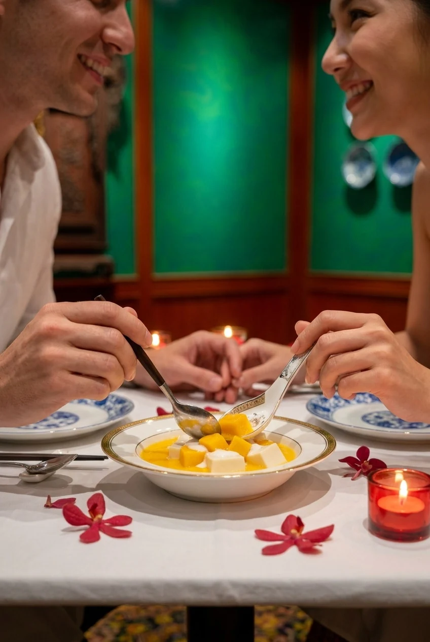 Close view of two diners’ hands and dishes on white linen