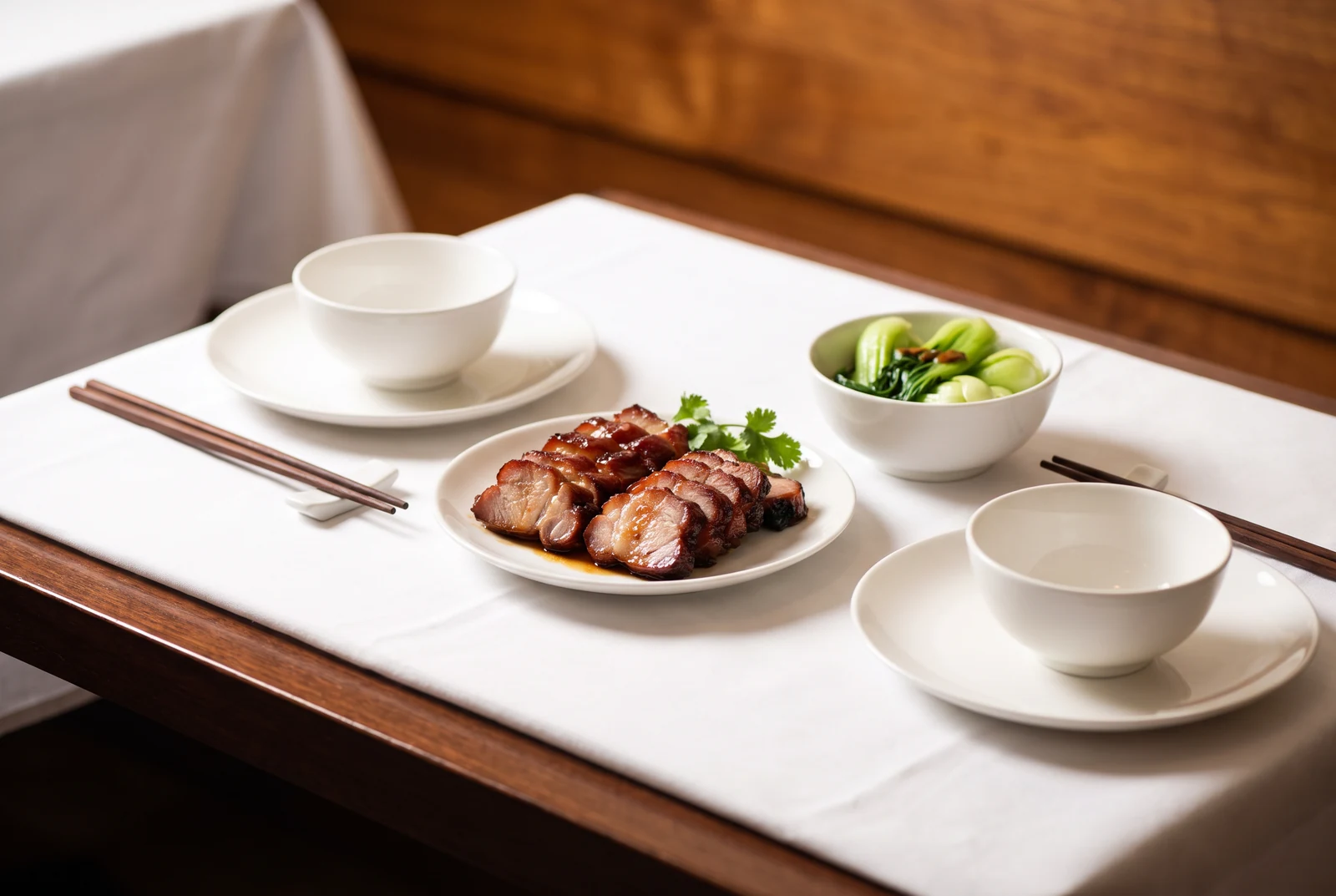 Two white place settings with a small char siu platter and vegetables