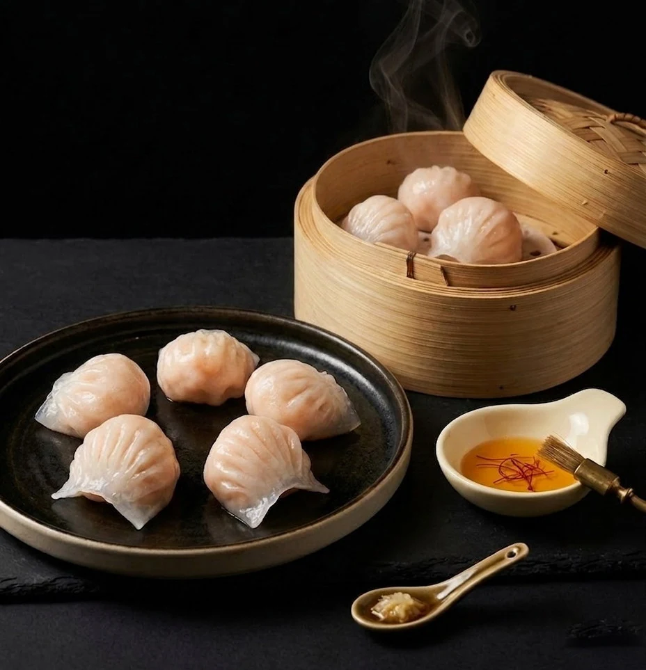 Translucent shrimp dumplings with a bamboo steamer and dipping sauce