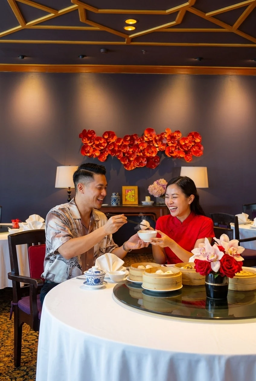 Two diners sharing small dishes at a round restaurant table