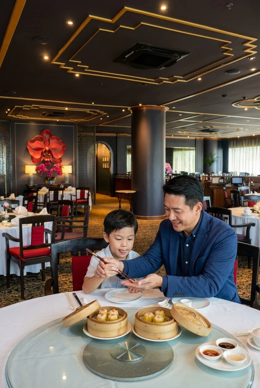 Adult and child sharing dim sum at a restaurant table