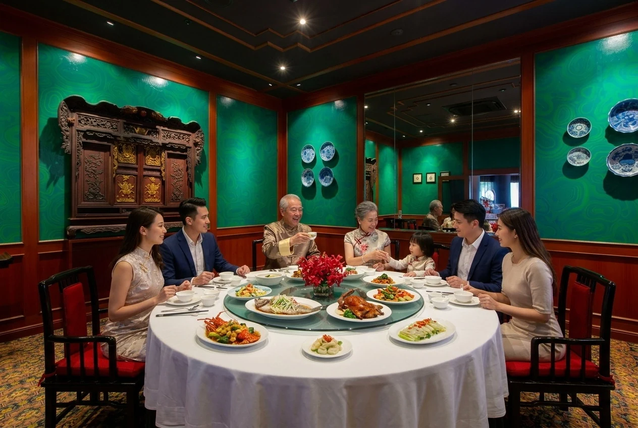 Several generations seated around a shared Chinese meal