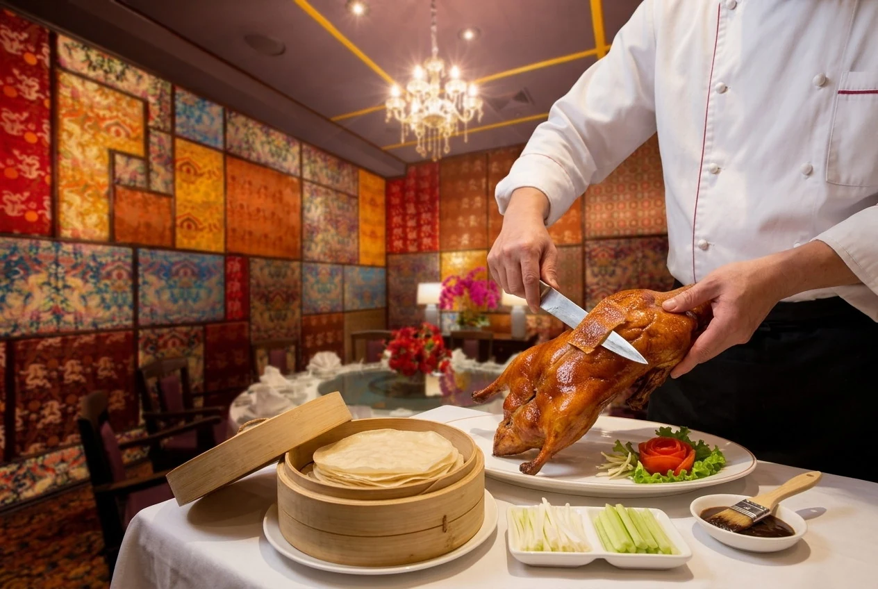 Close view of roast duck being carved beside a dining table