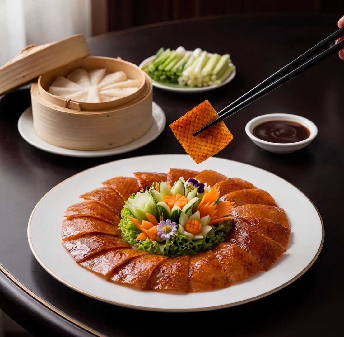 Sliced Peking duck with cucumber, pancakes and sauce