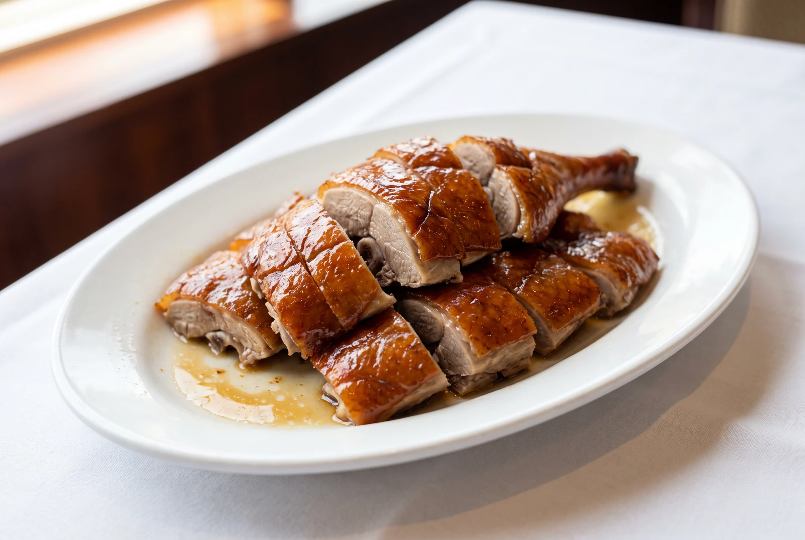 Cantonese-style roast duck chopped into thick pieces on a white platter