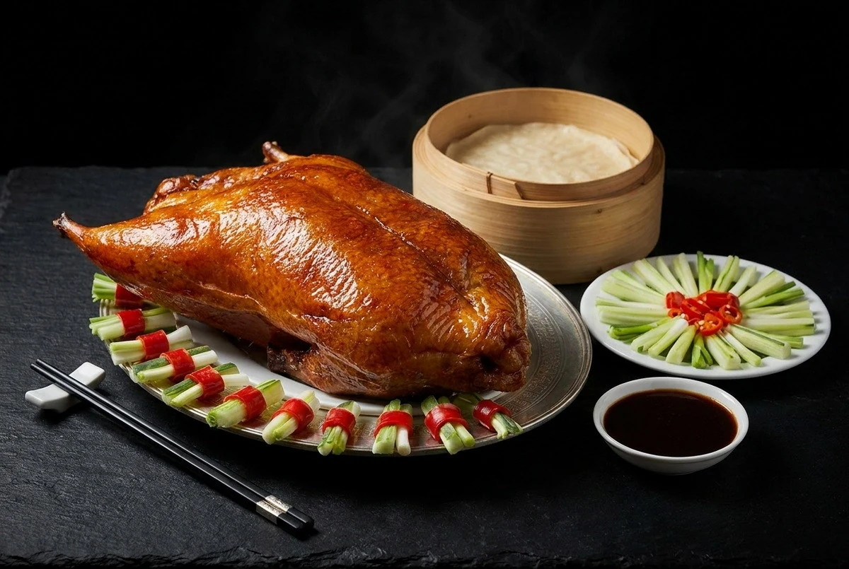 Whole roast duck on a white platter against a dark background