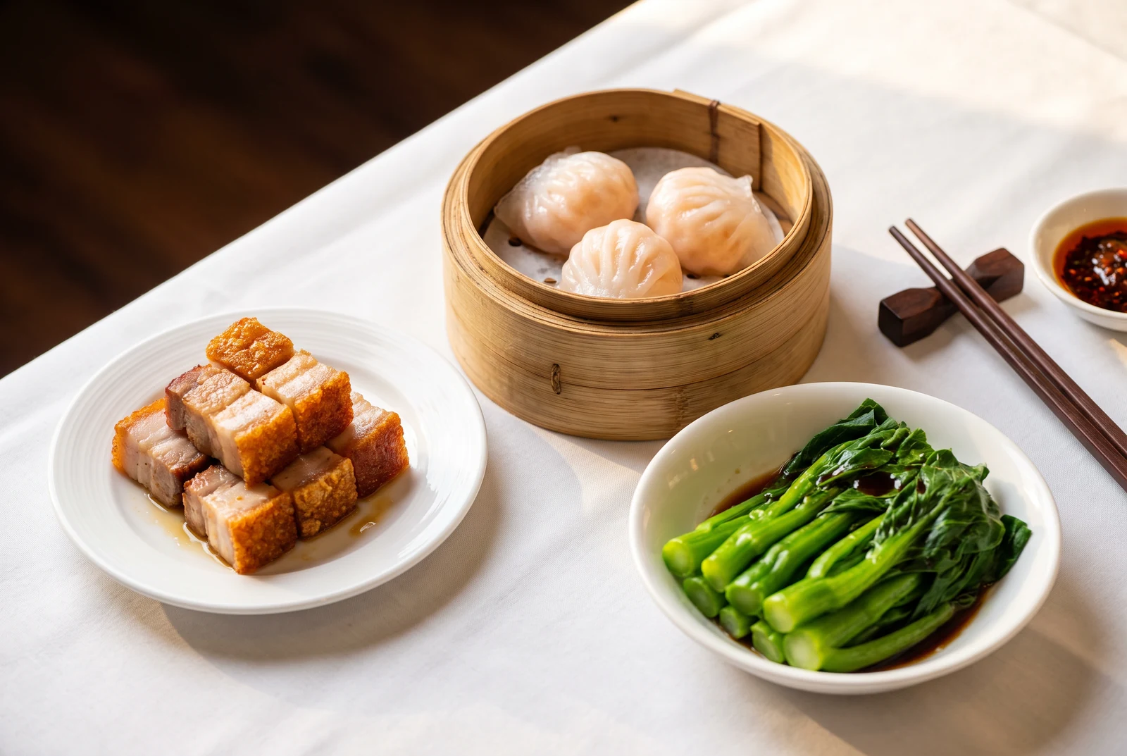 Shrimp dumplings, pork belly and green vegetables in separate dishes
