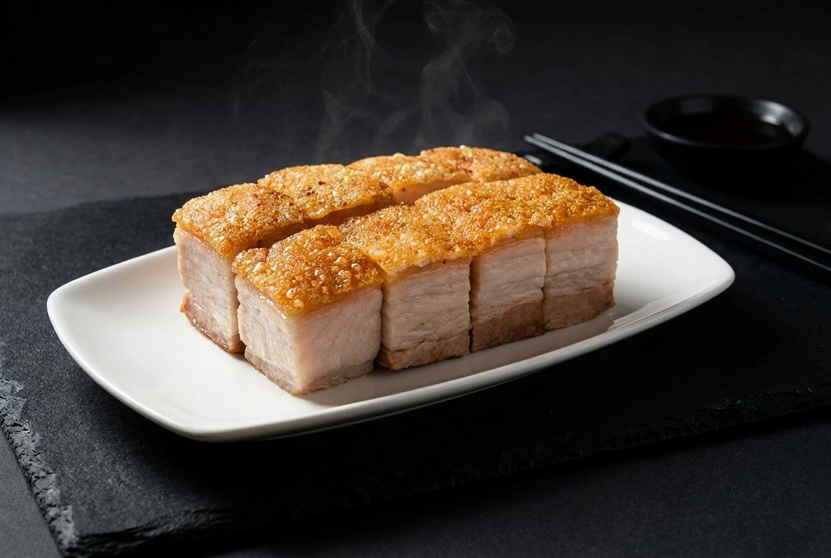 Golden crispy pork belly cut into neat pieces